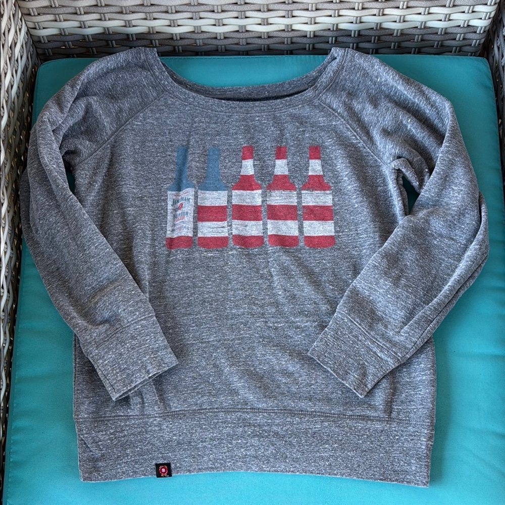 Gray Sweatshirt with Red and Blue Bottle Design